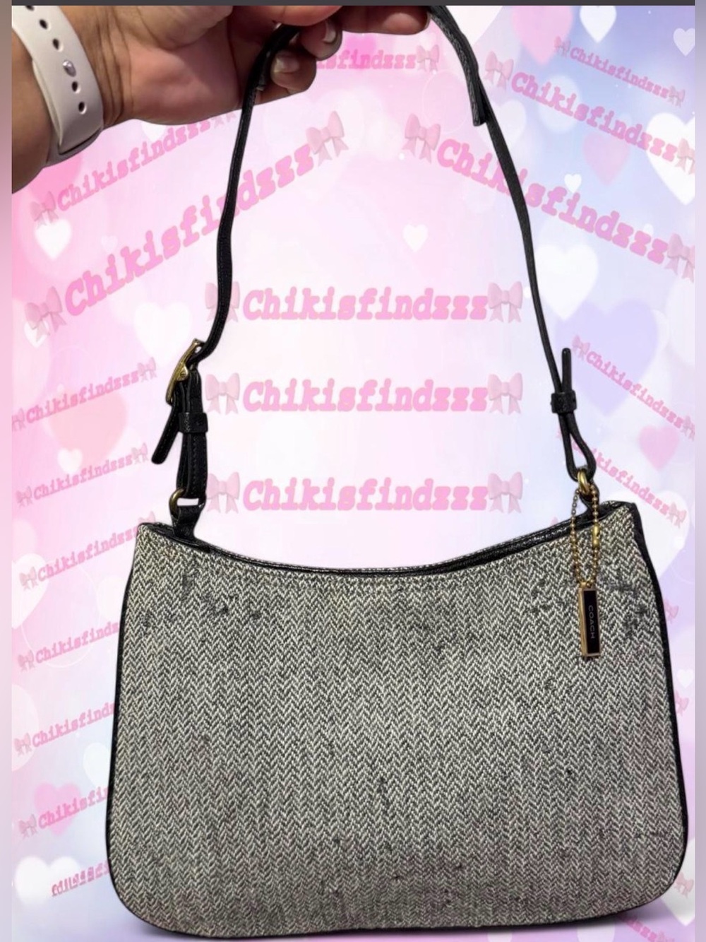 Coach Vintage Black and Grey Herringbone Tweed Design Shoulder Bag